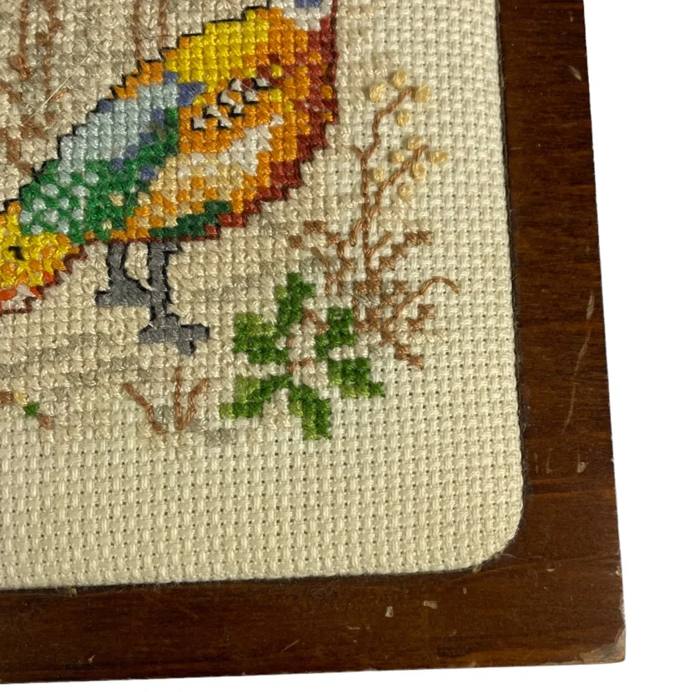 Vintage Needlepoint Pheasant Square Wooden Flip-top Treasure Keepsake Hinged Box